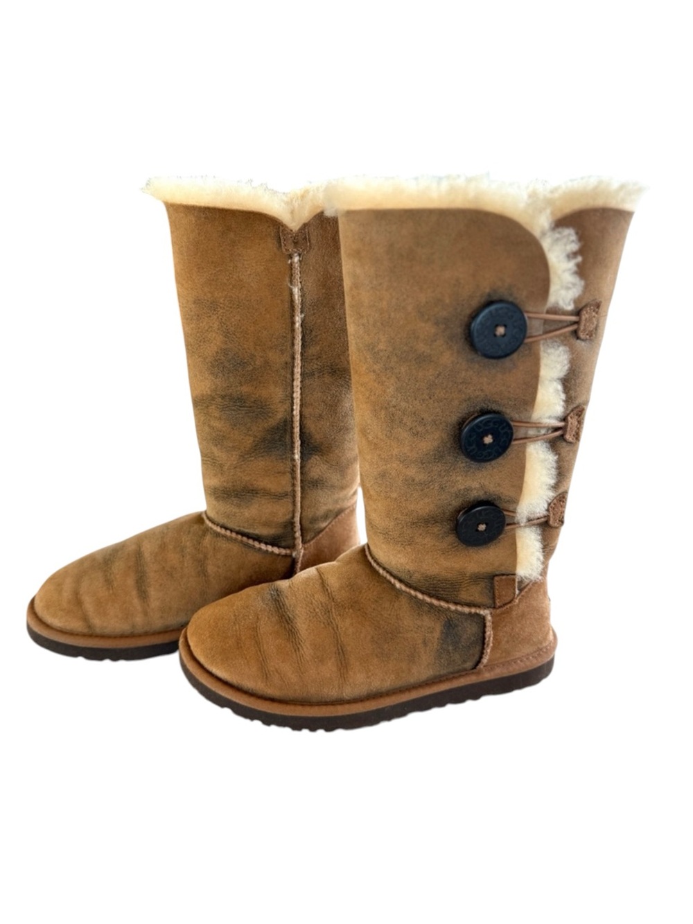 UGG Bailey Button Triplet Tall Boots Chestnut Brown Sheepskin Suede Womens 6